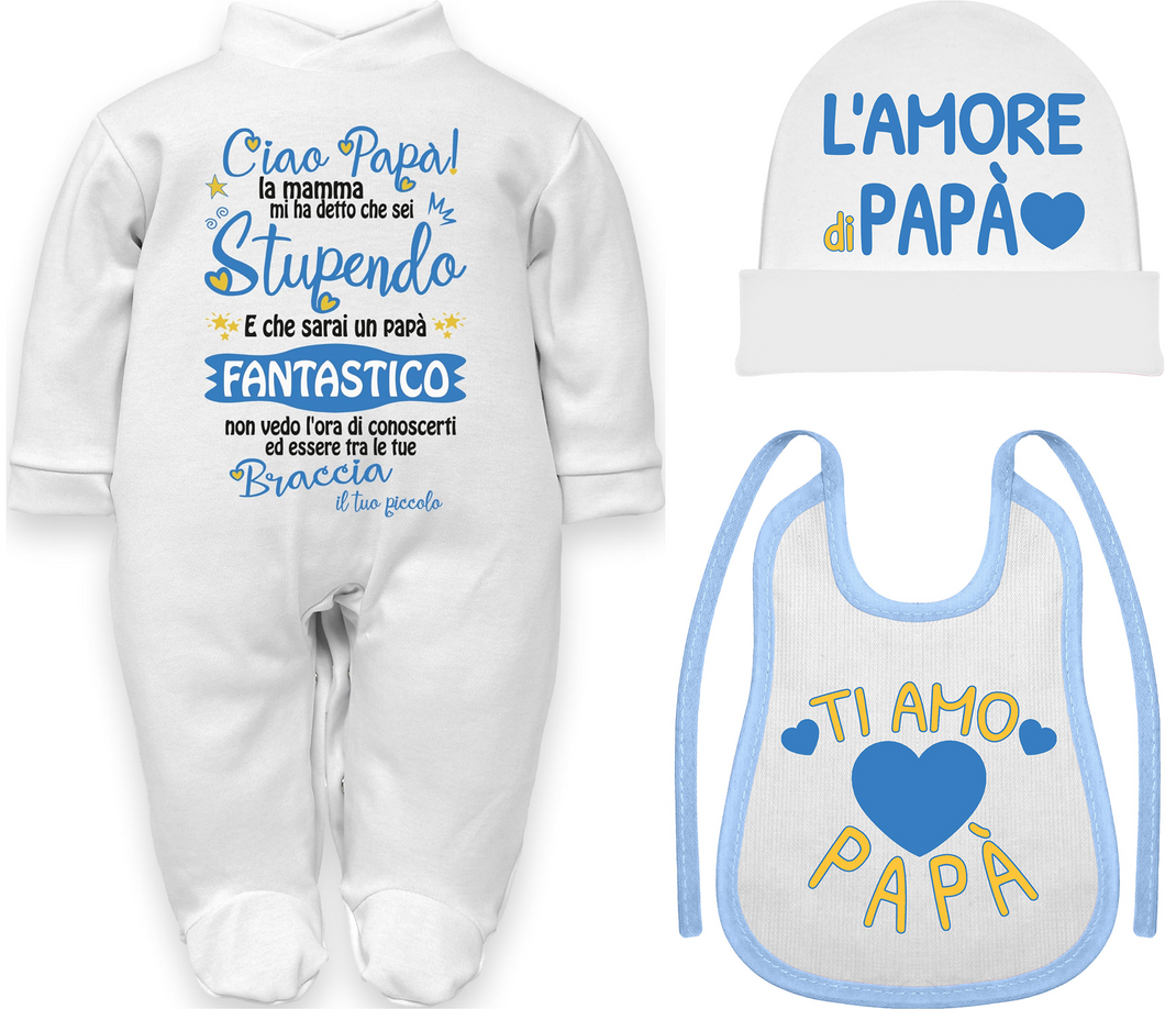 corredino neonato futuro papà tutina bavetta cappello